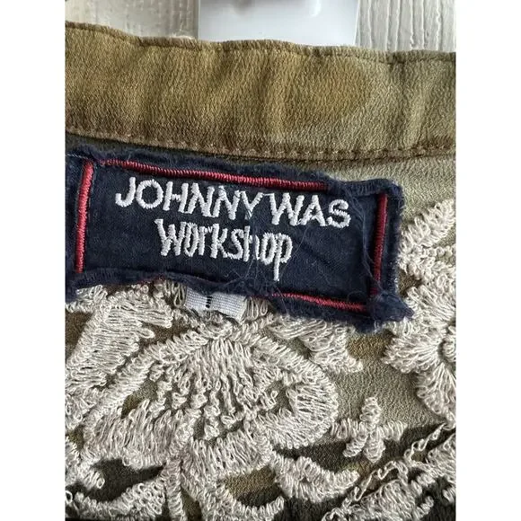 JOHNNY WAS Workshop 100% Silk Ciro Camo Embroidered Flare Sleeve Tunic Blouse - Picture 12 of 15
